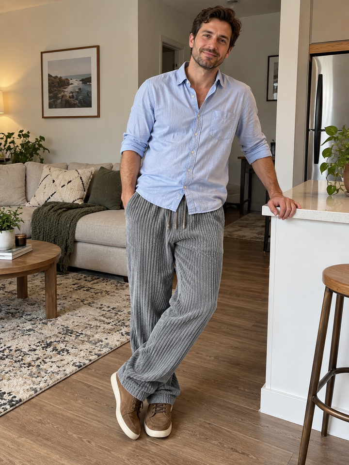 Mens relaxed fit ribbed drawstring trousers in casual winter style