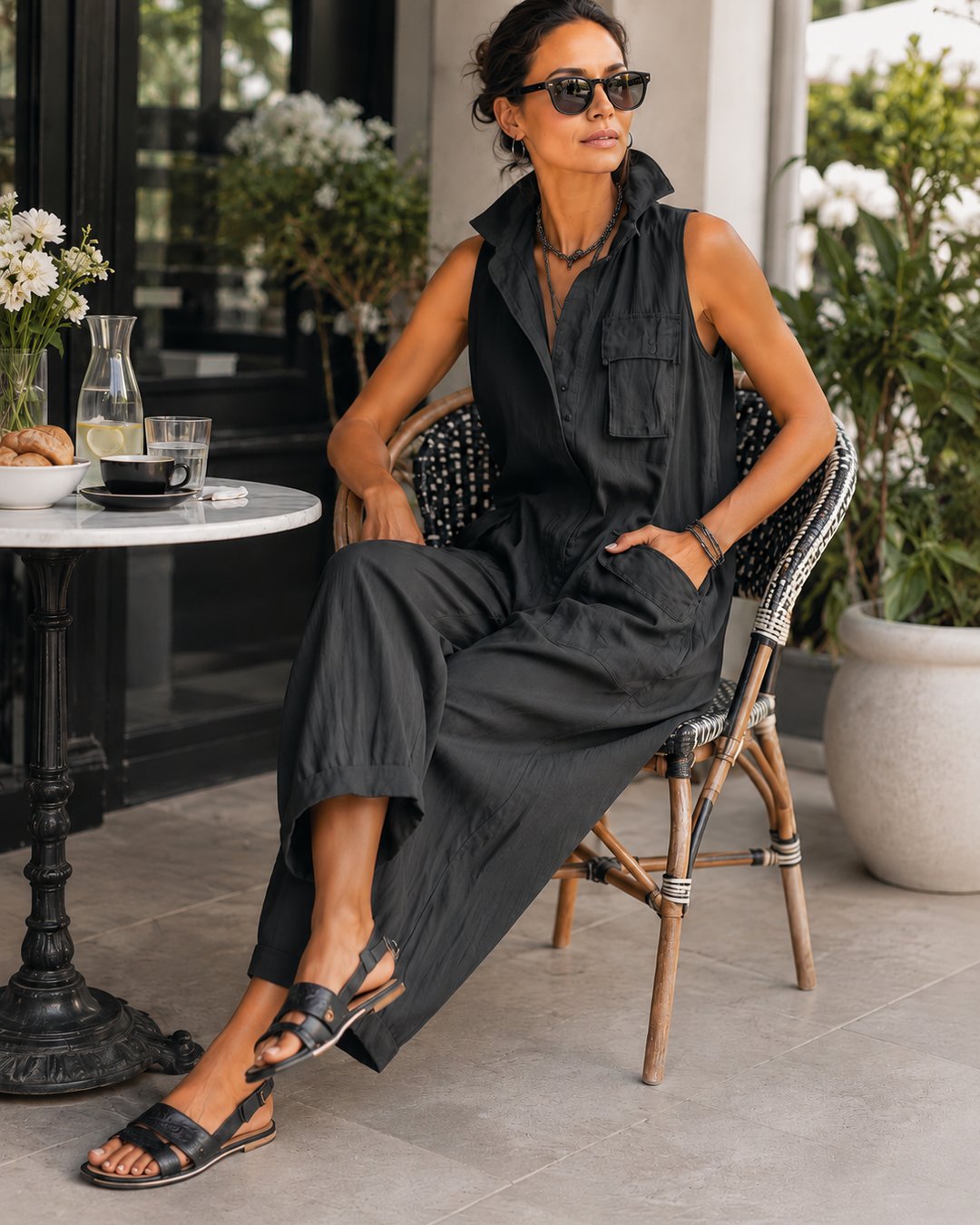 Close-up of lapel and front button closure on women's sleeveless jumpsuit