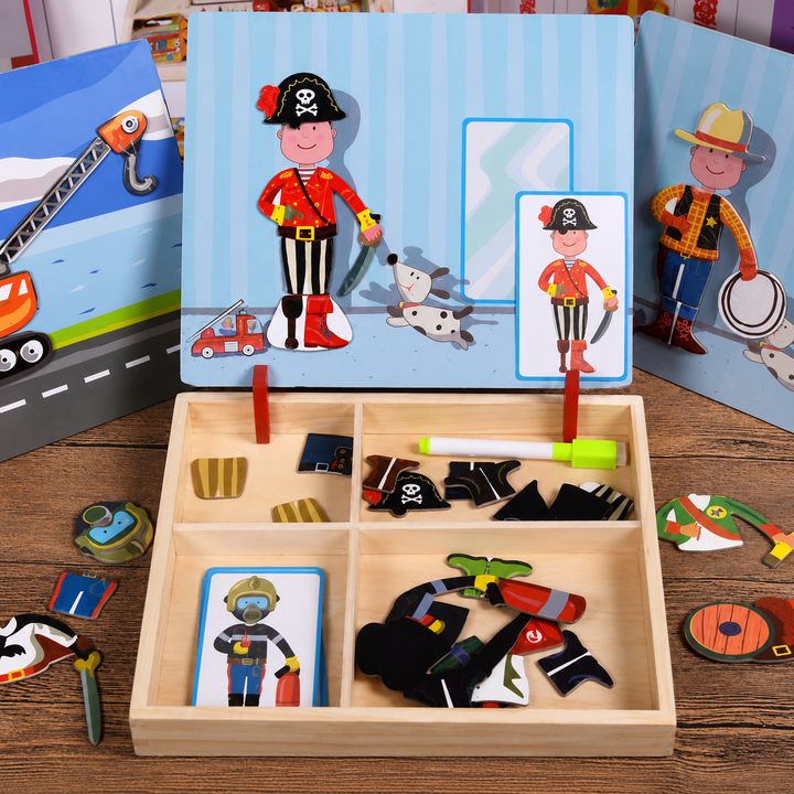 Close-up of wooden magnetic pieces for kids creative play