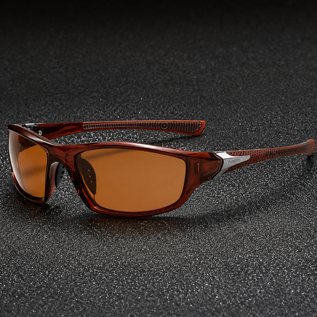 Complete view of unisex polarised sport sunglasses with protective case