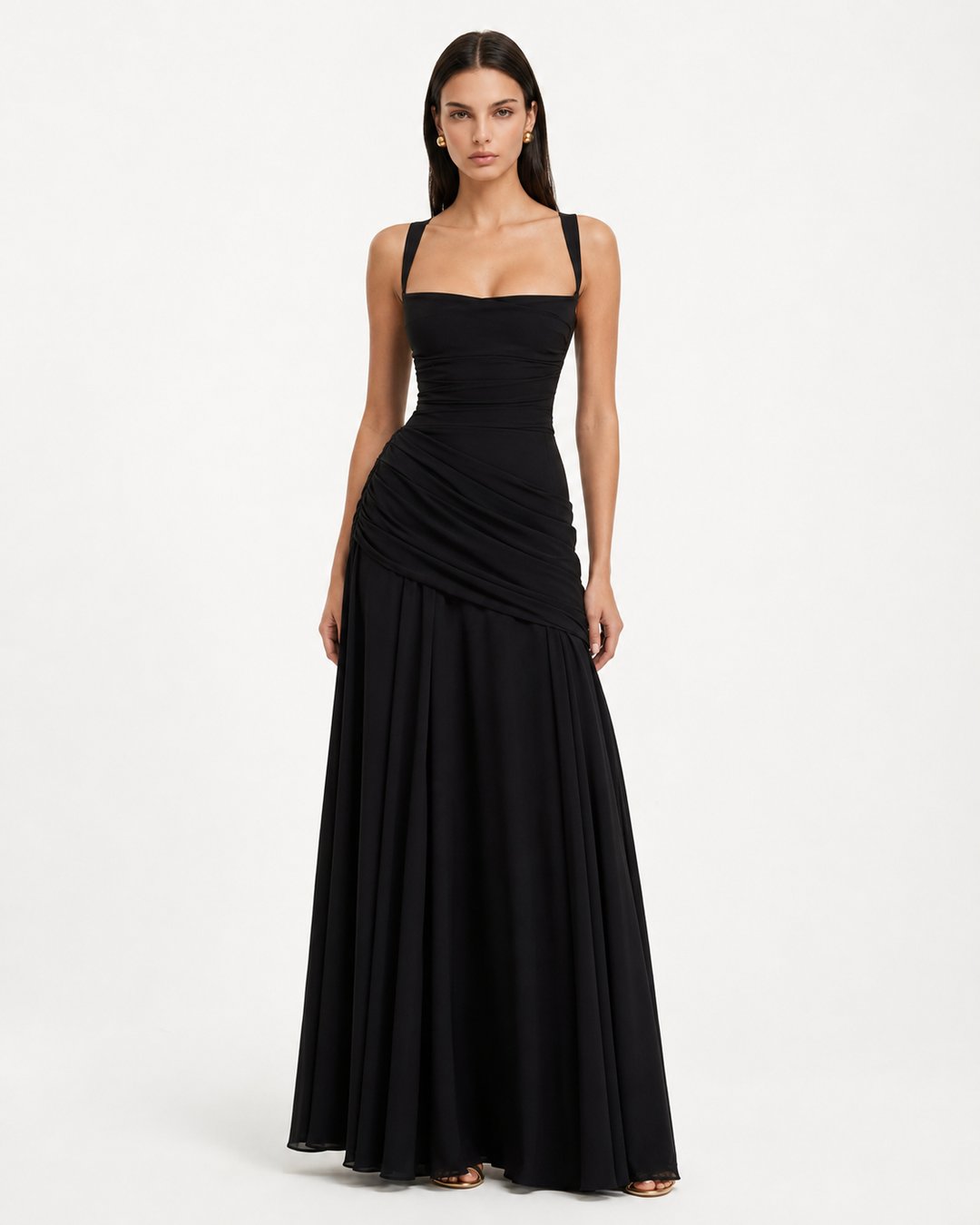 Detailed shot of fabric quality on ruched square neck dress