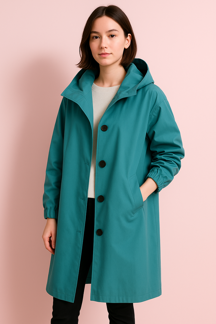 Full length view of casual hooded coat for women in fall fashion