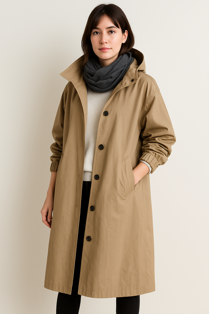 Women's long hooded trench coat back view, stylish casual outerwear