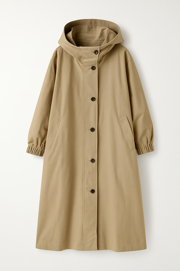 Khaki women's long hooded trench coat displayed on a neutral background
