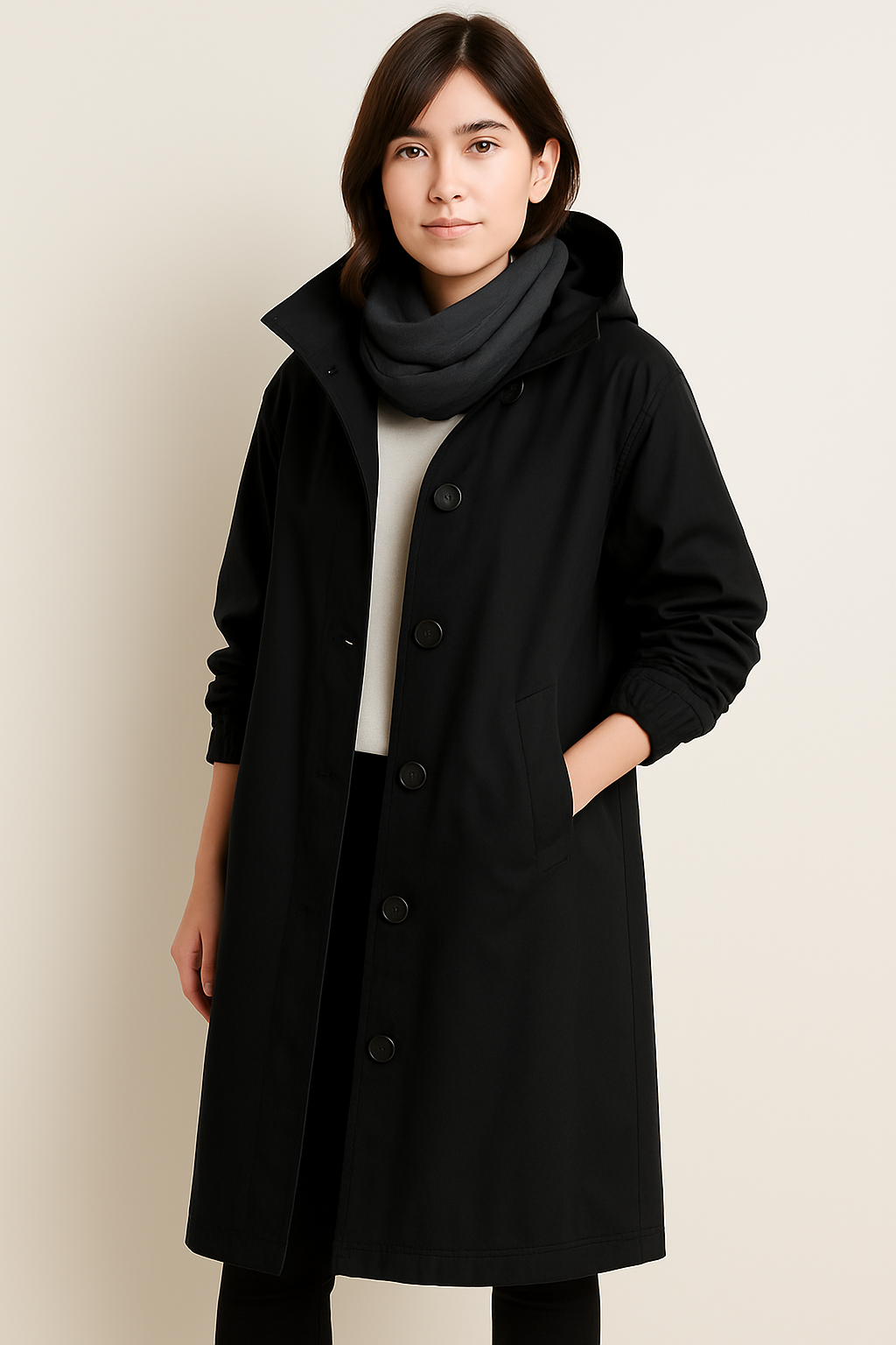 Close-up of hood and button details on womens long trench coat