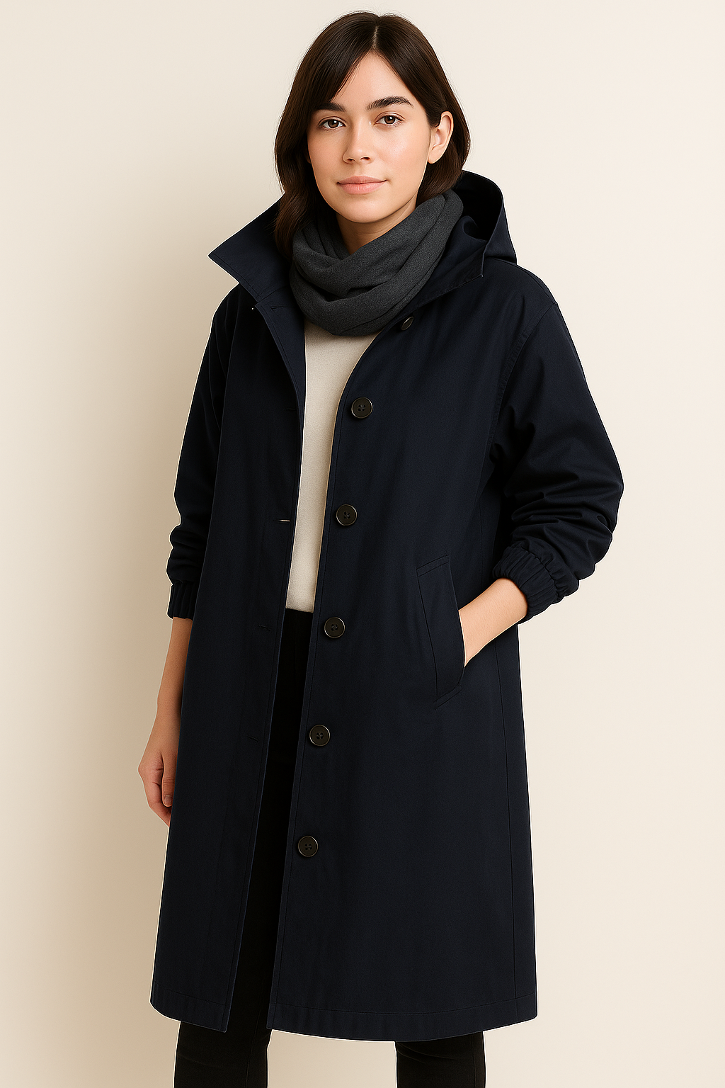 Side angle of womens long trench coat showing flowing silhouette