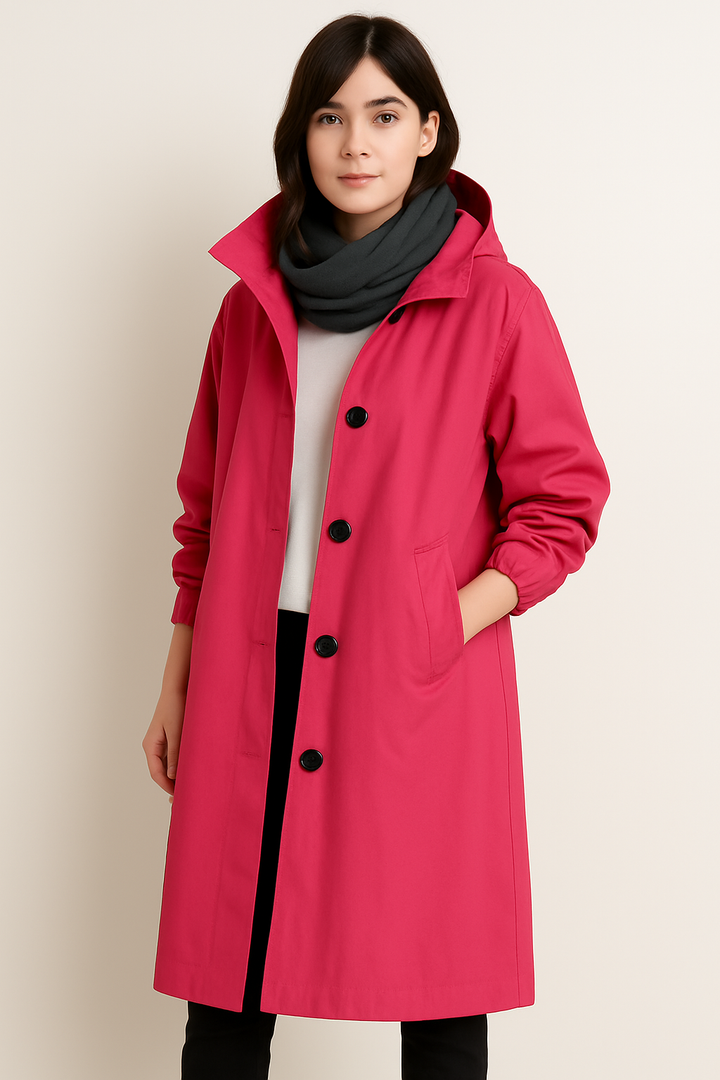 Model wearing a vibrant pink long hooded trench coat
