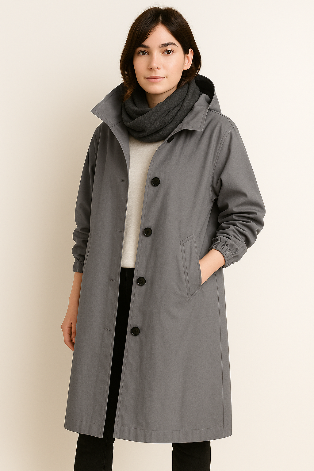 Model wearing a grey long hooded trench coat with a dark scarf