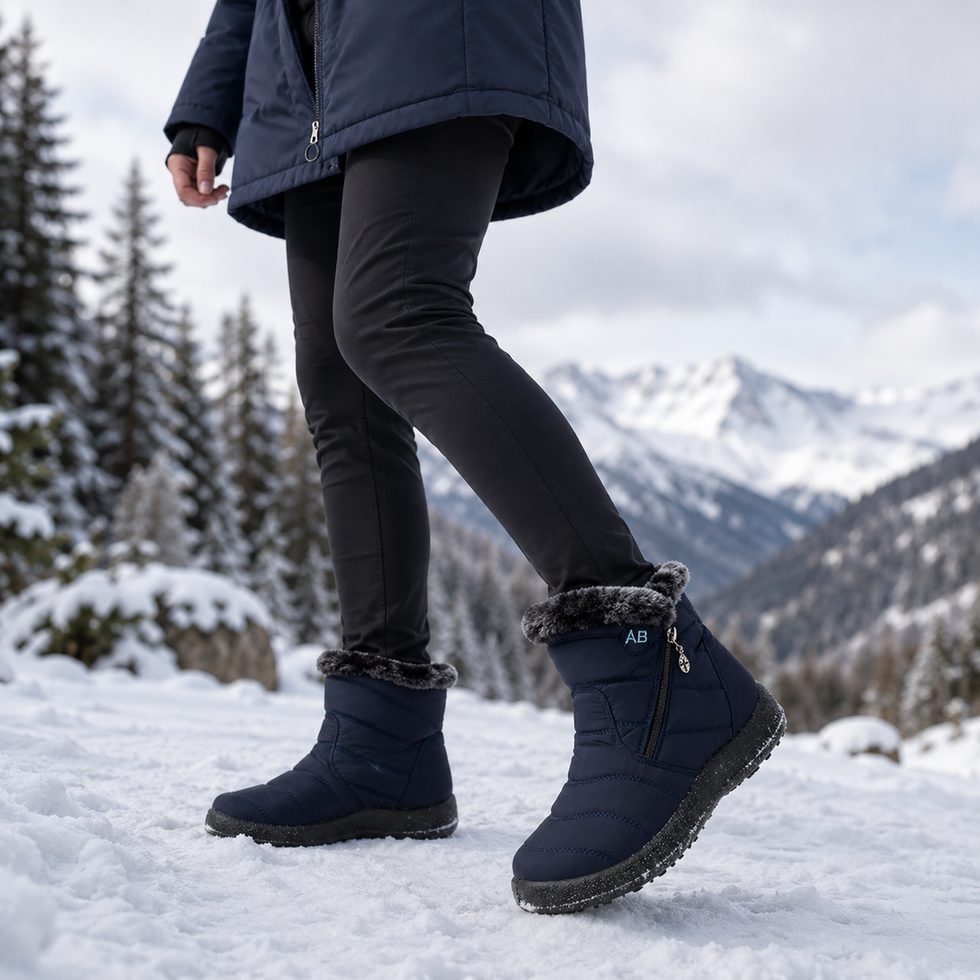 Woman wearing blue winter ankle boots walking outdoors in snowy mountain landscape