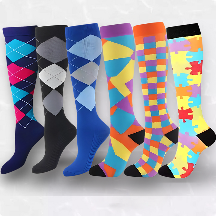 Collection of colorful patterned compression socks in various designs