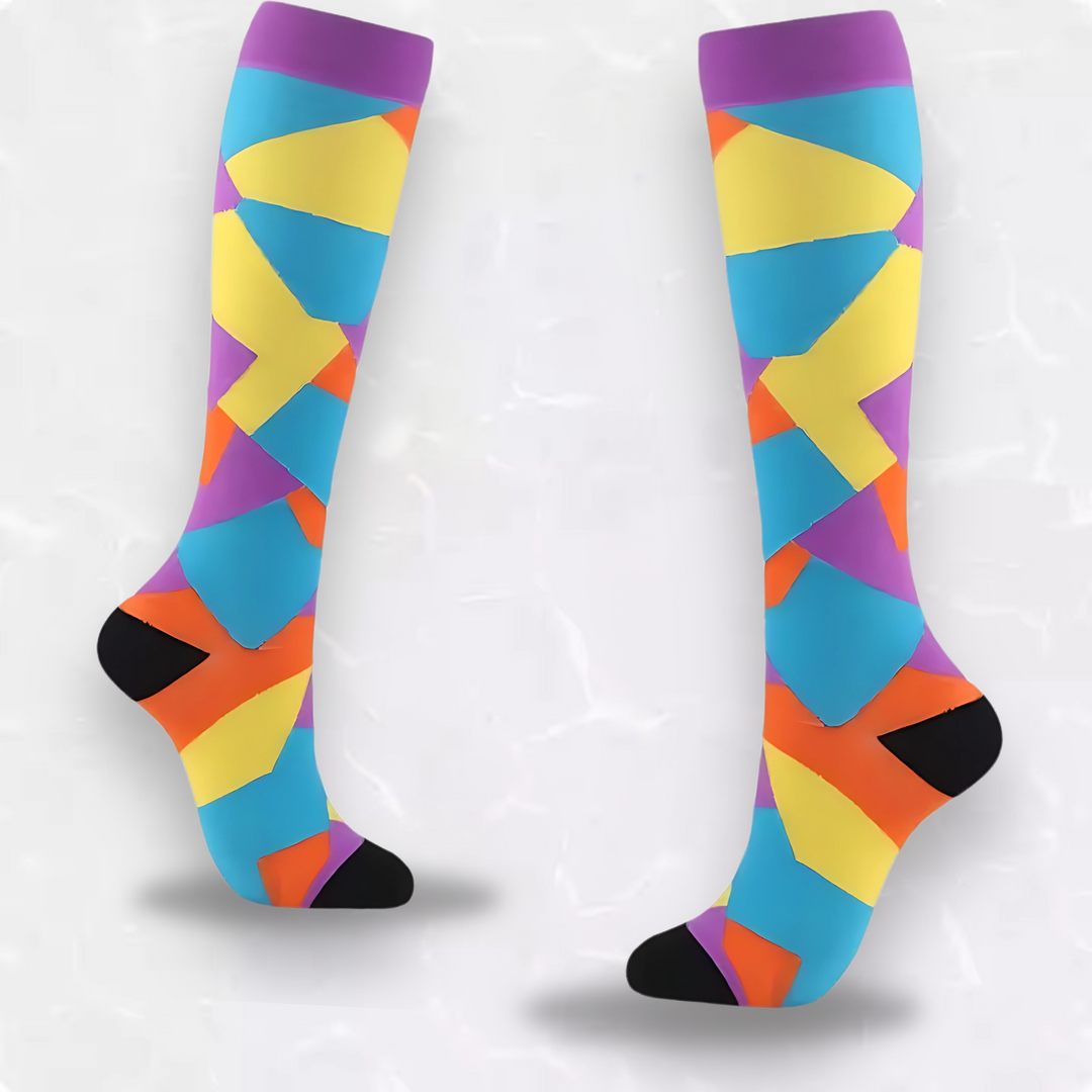 Stylish circulation socks featuring vibrant geometric prints