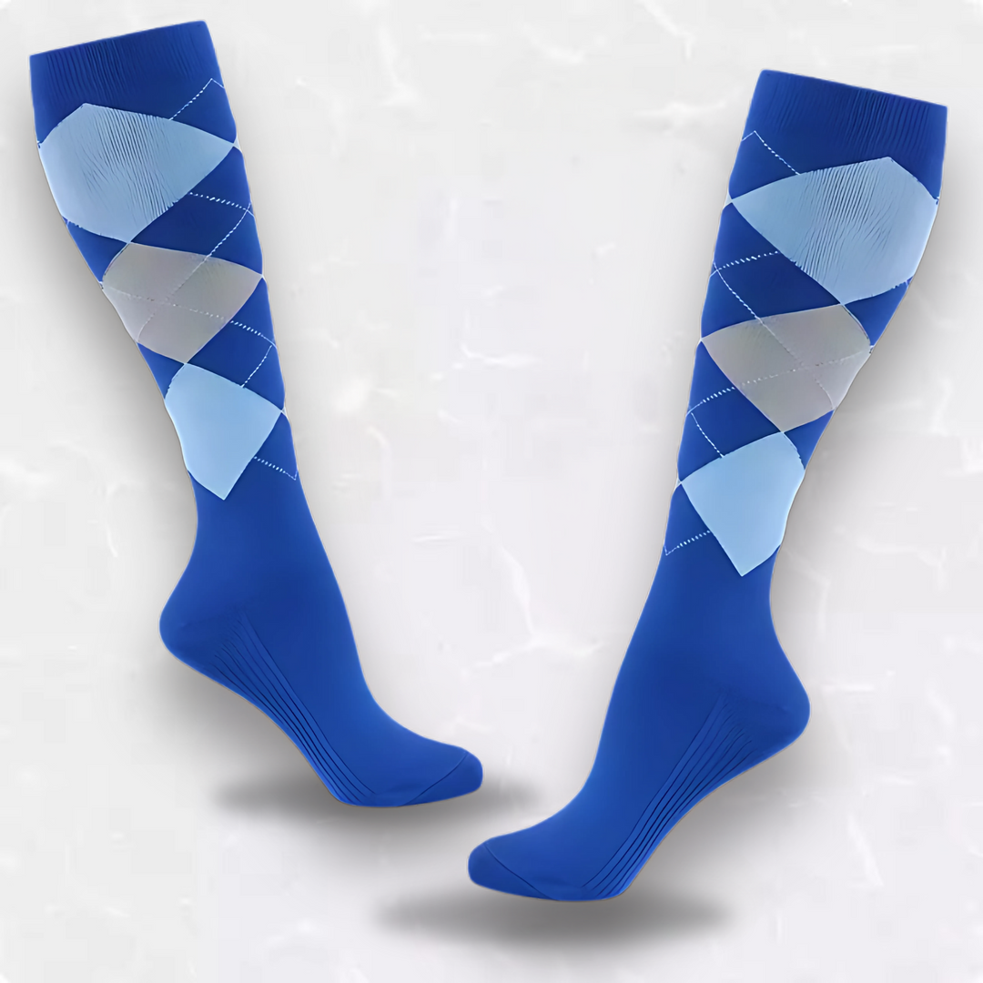 Colorful patterned support socks designed for nurses and long shifts