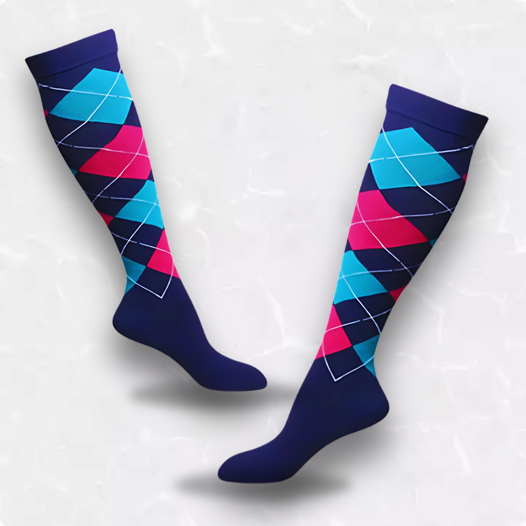 Pair of blue and pink plaid patterned compression socks angled against a light background