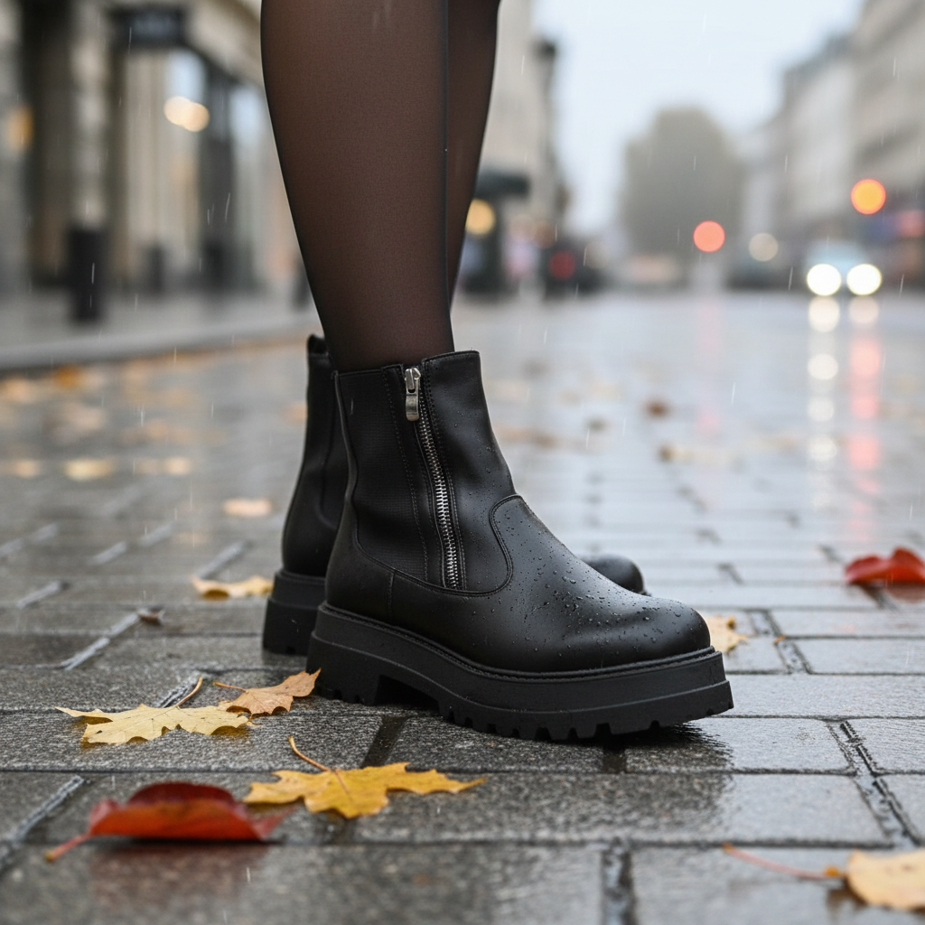 Woman wearing black platform Chelsea boots walking on a wet autumn street