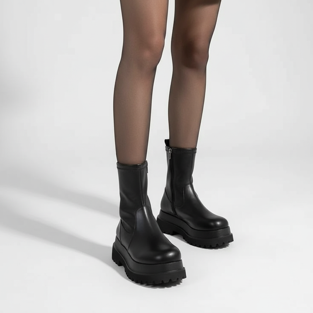 Pair of black platform Chelsea boots shown against a neutral studio background