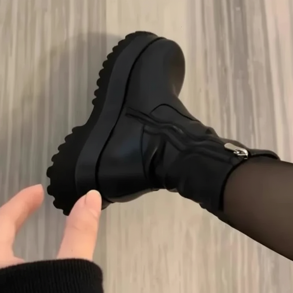 Close-up view of the chunky lug sole and side zipper on black platform boots