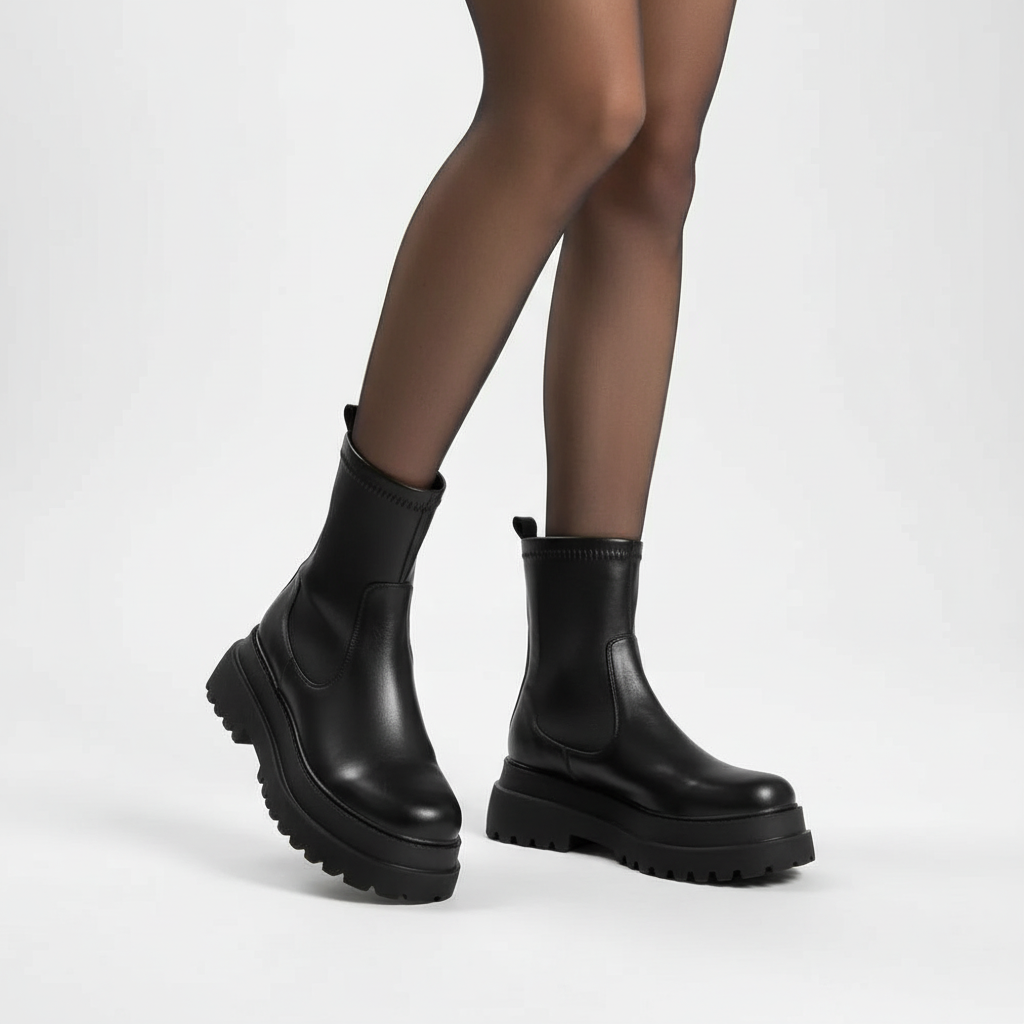 Back view of black women's platform chelsea boots showing chunky rubber sole and ankle pull tab