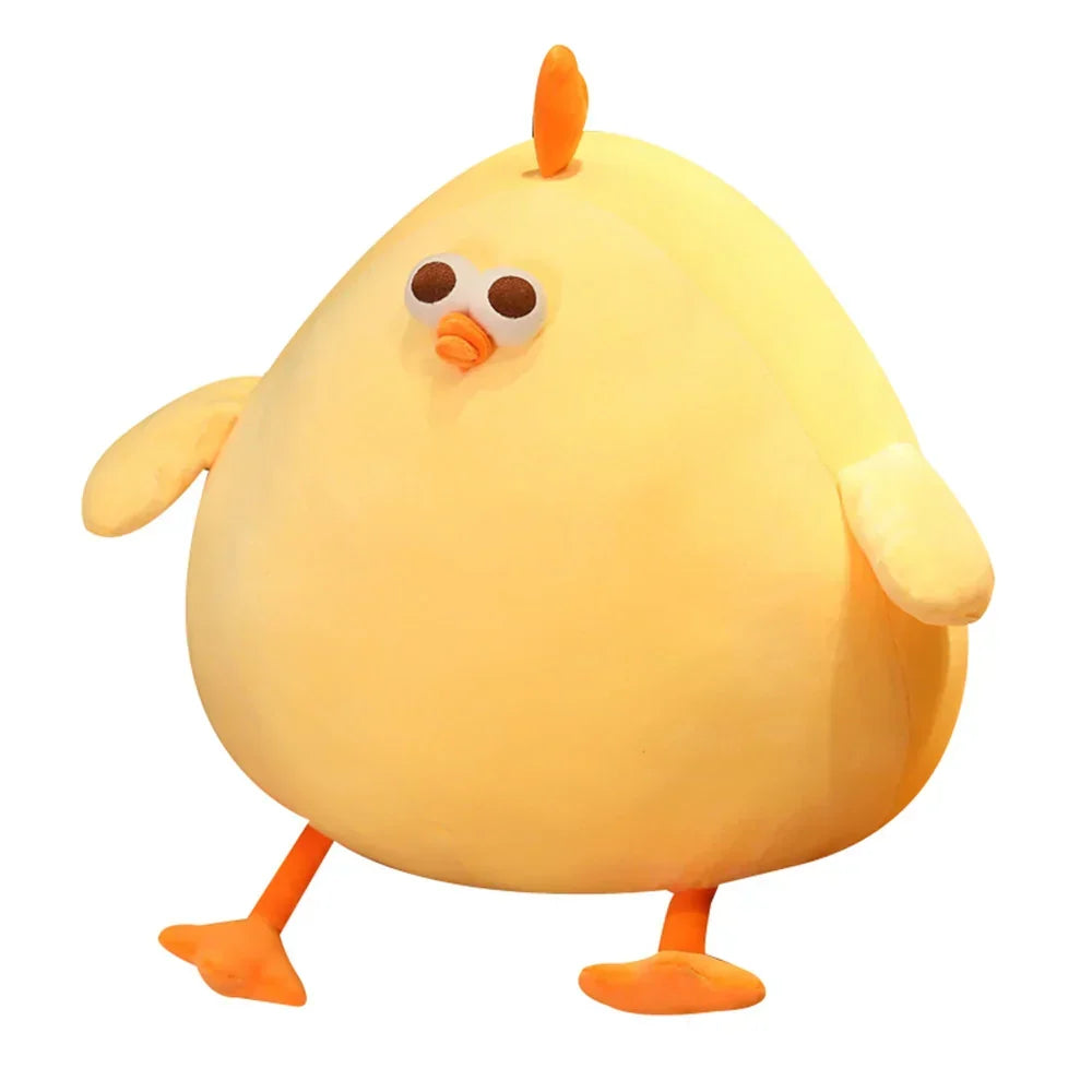 Full body view of the giant yellow plush chicken toy against a white background