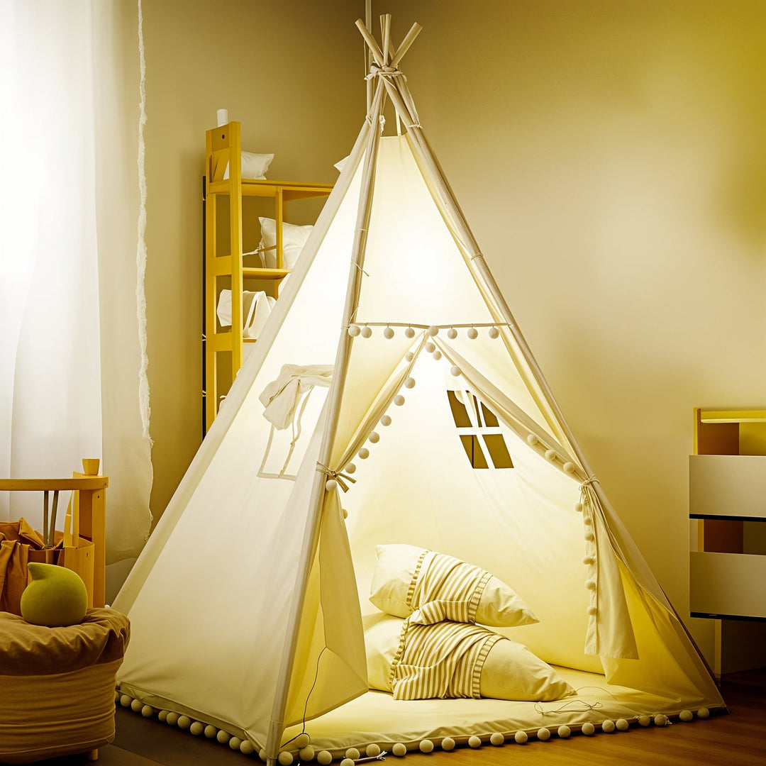 Kids teepee tent styled as a reading nook with pillows for a nursery