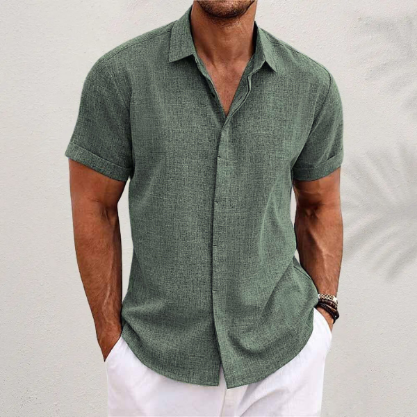 Back view of a mens casual button down summer shirt showing comfortable regular fit