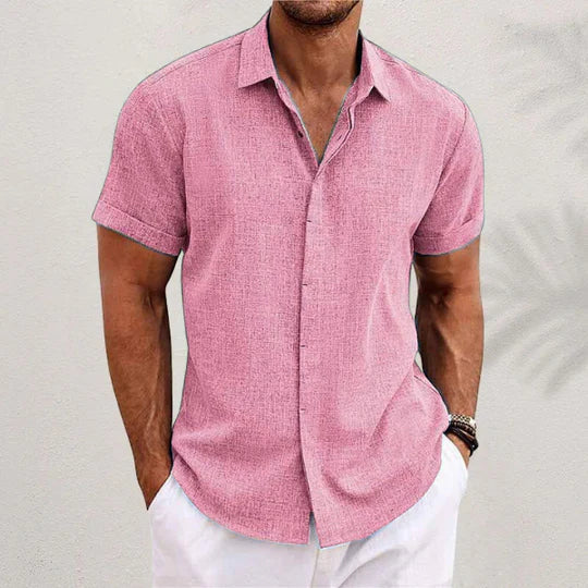 Folded mens casual shirt showcasing lightweight summer wear fabric and button-down design