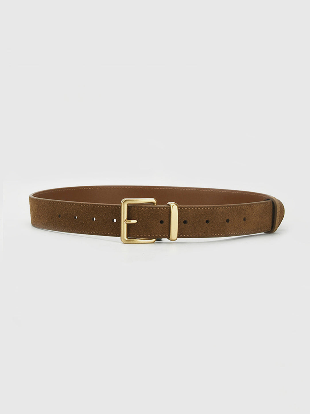 Brown classic square buckle belt displayed horizontally on a neutral background