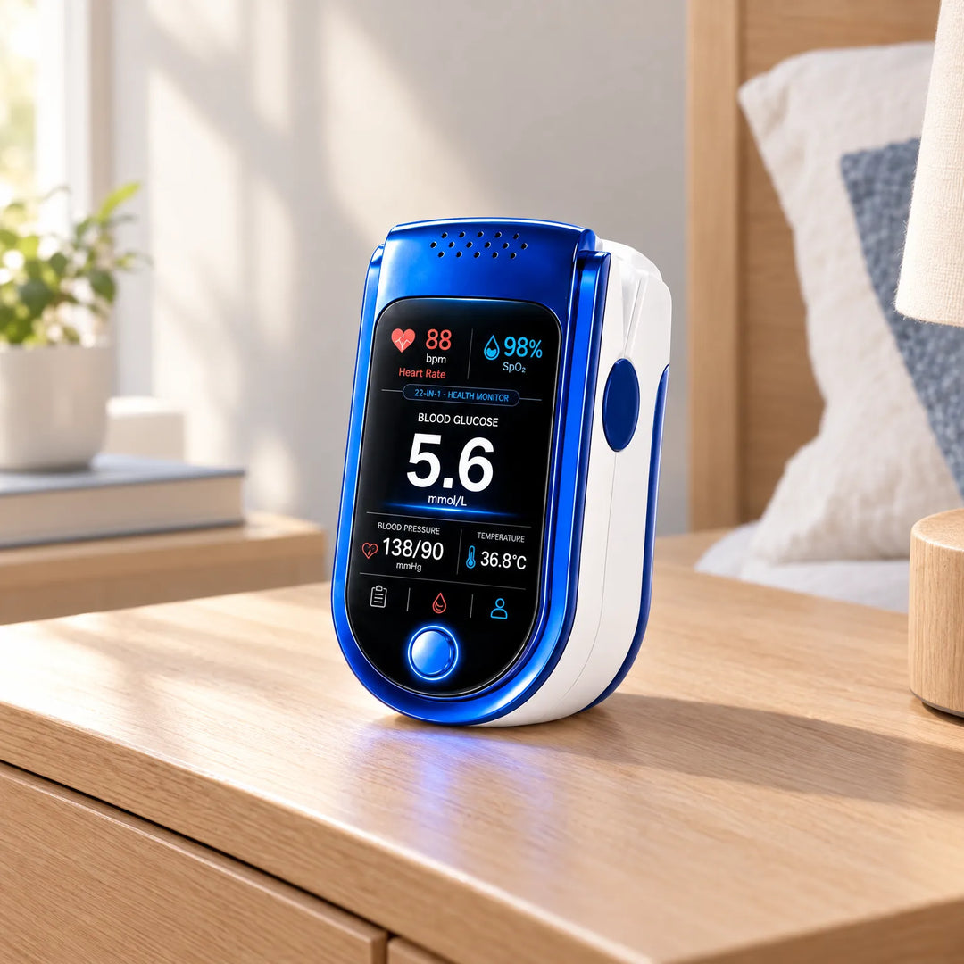 Blue non-invasive health monitor displaying vital signs on a bedside table