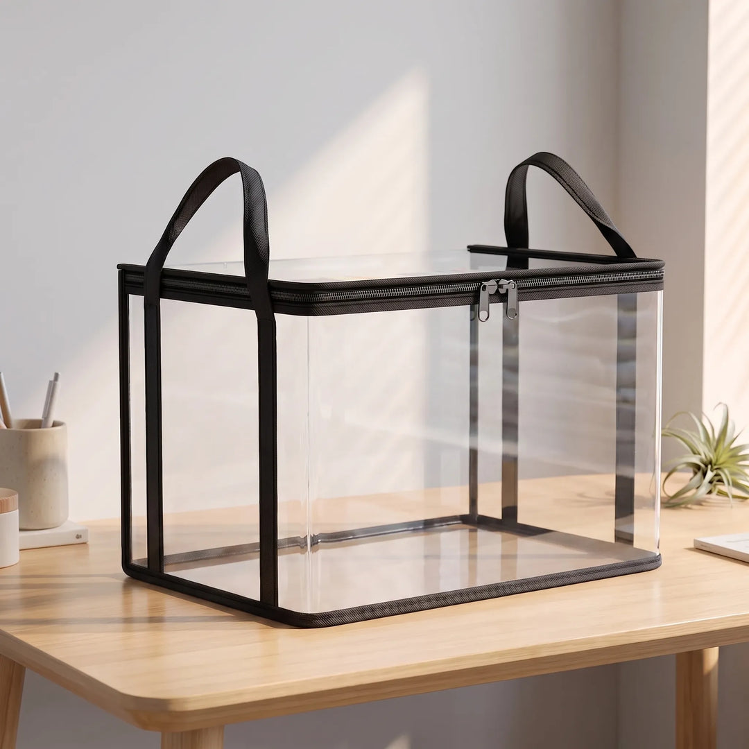 Clear rectangular storage bag with black trim on wooden desk