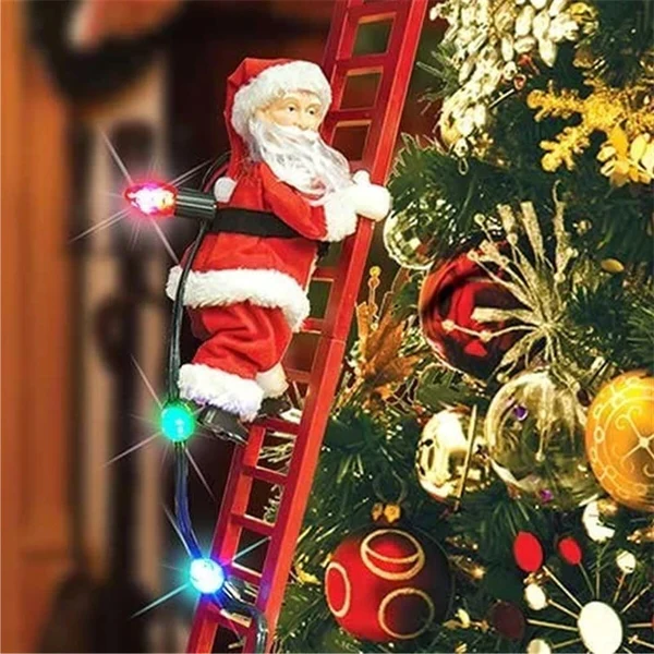 Animated climbing Santa Claus ornament climbing a red ladder on a festive Christmas tree