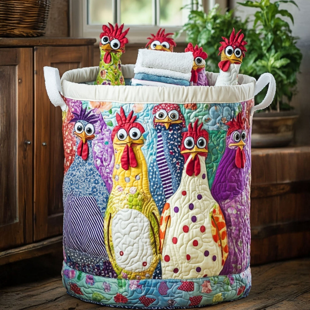 Decorative laundry basket featuring playful chicken appliques and quilted design