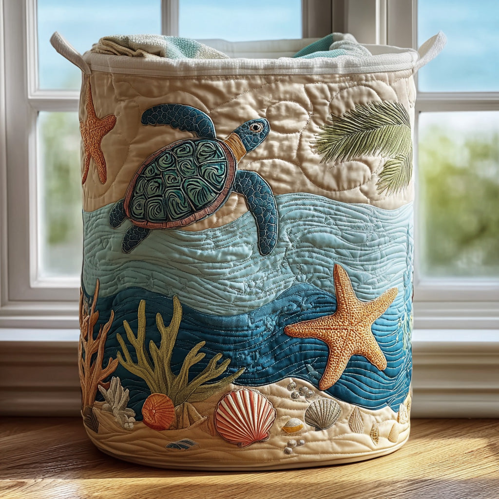 Coastal Harmony decorative laundry basket with sea turtle and seashell appliques