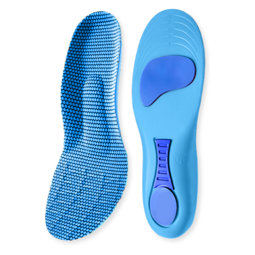 Top and bottom view of blue orthopaedic insoles showing cushioning and arch support zones