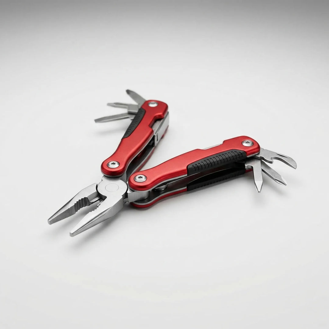 Red 9-in-1 folding multitool fully opened on a white background