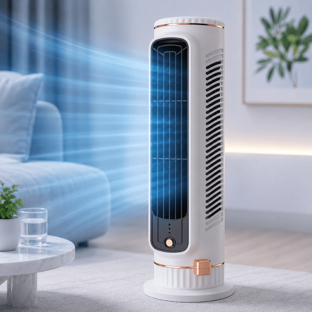 White compact bladeless tower fan standing on a white surface with visible blue airflow lines
