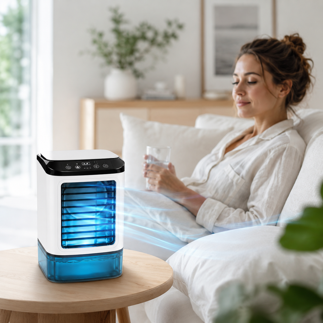 Woman relaxing near a compact personal evaporative cooler fan on a wooden table.