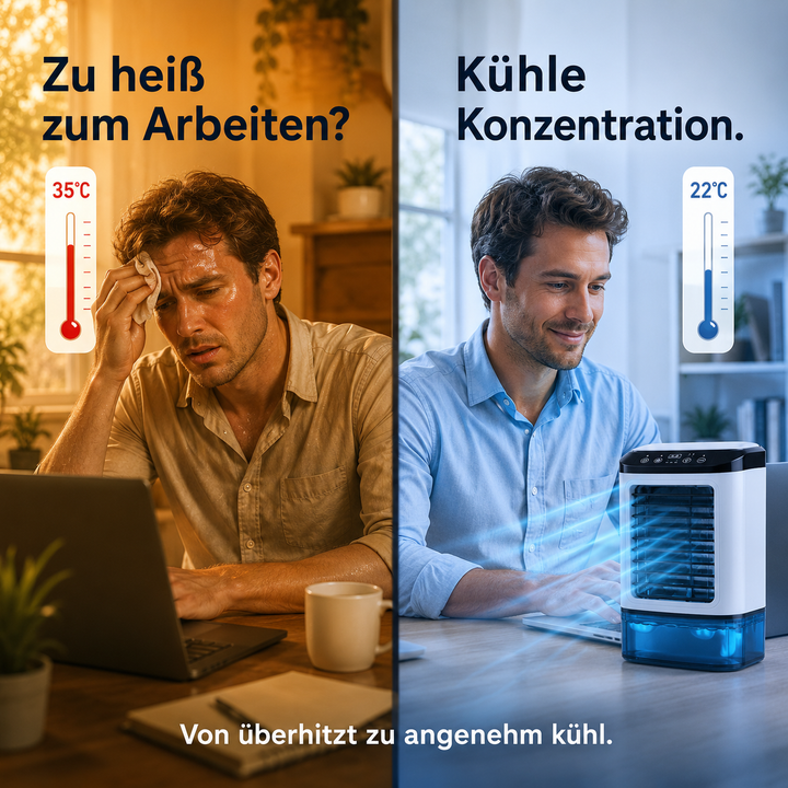 Comparison showing a hot man sweating versus a cool man working comfortably with the evaporative fan.