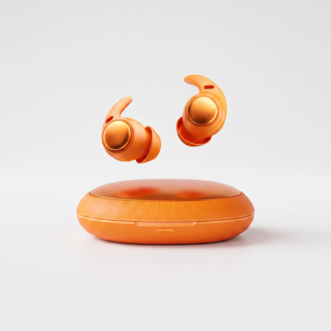Orange wireless sleep earbuds hovering above their matching charging capsule on a clean background