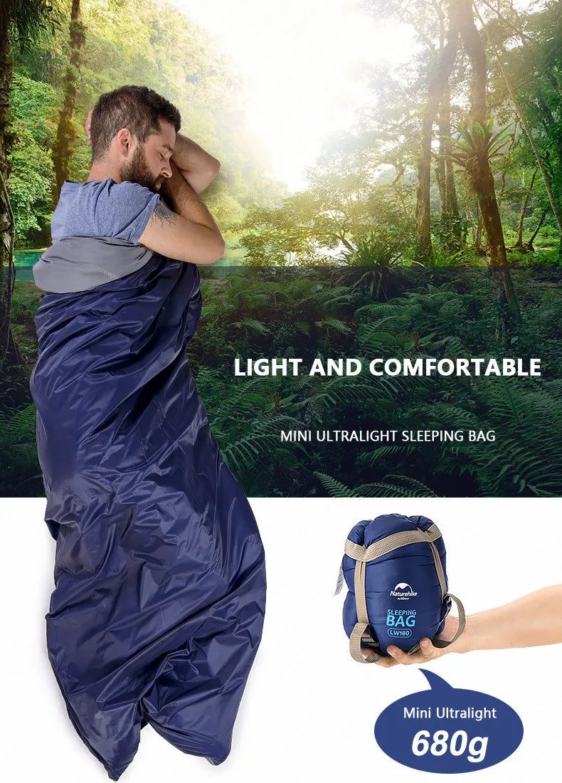 Man sleeping comfortably in an ultralight blue sleeping bag outdoors