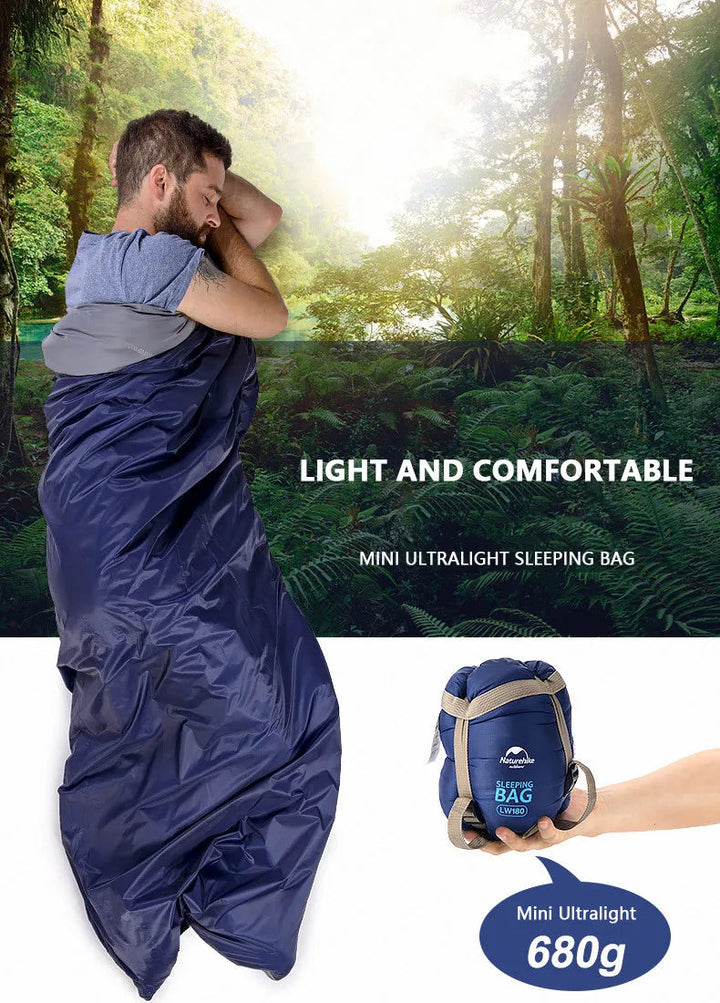 Man sleeping comfortably in an ultralight blue sleeping bag outdoors