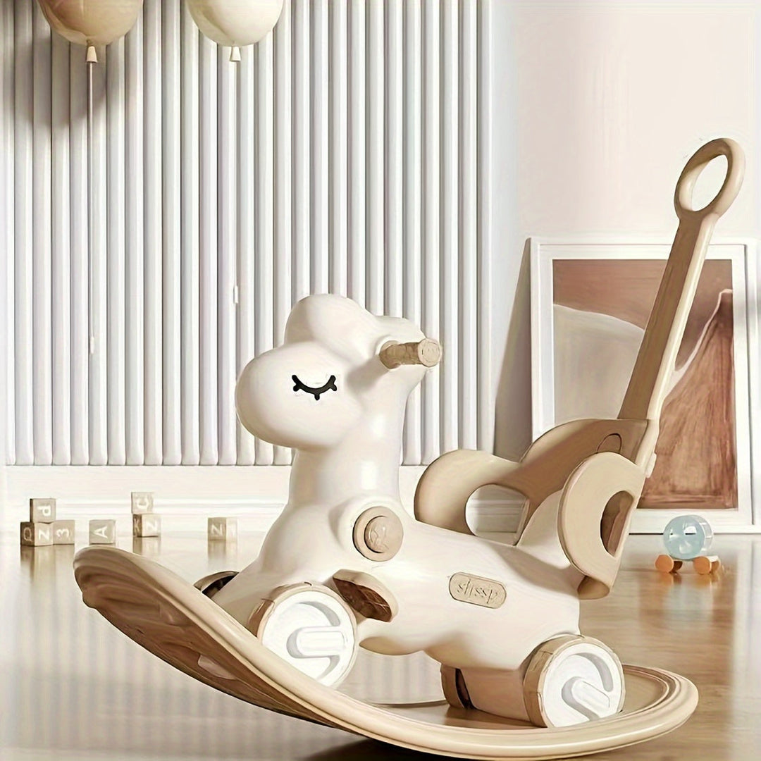 Beige convertible children's rocking horse with push handle in a nursery room