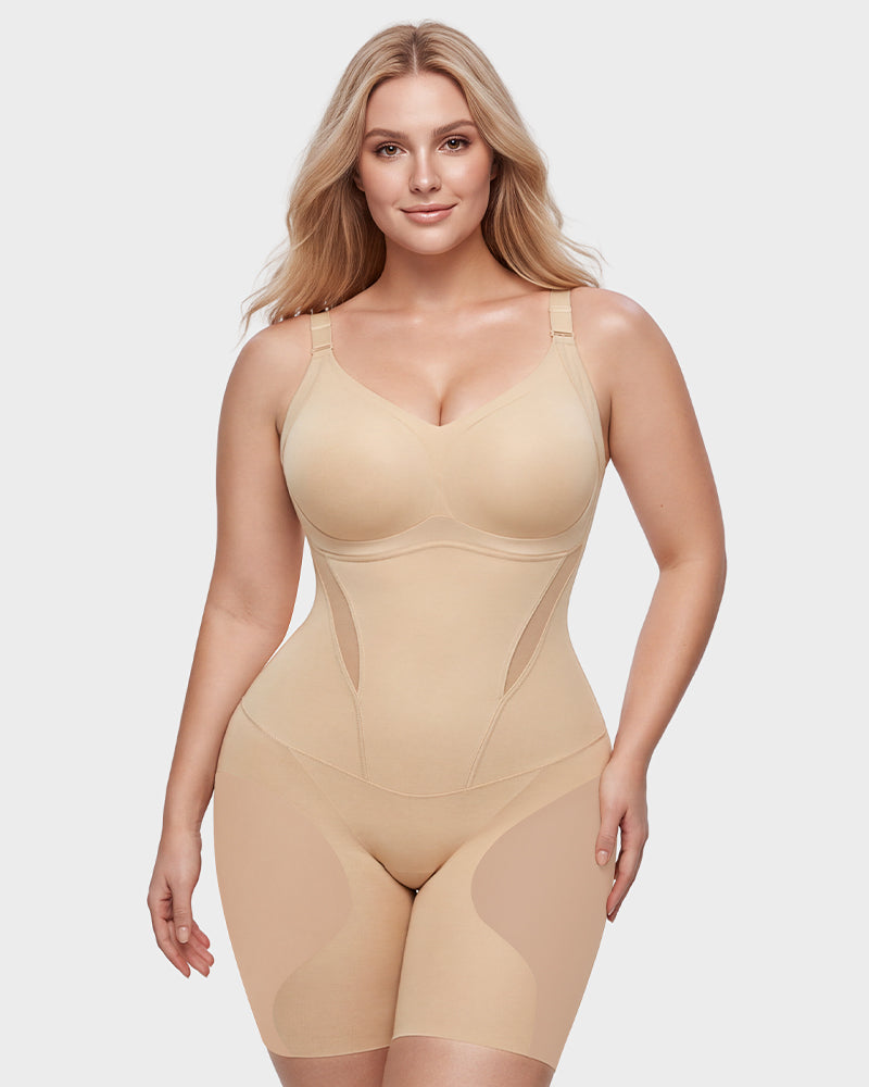 Womens tummy control shapewear flat lay on neutral background