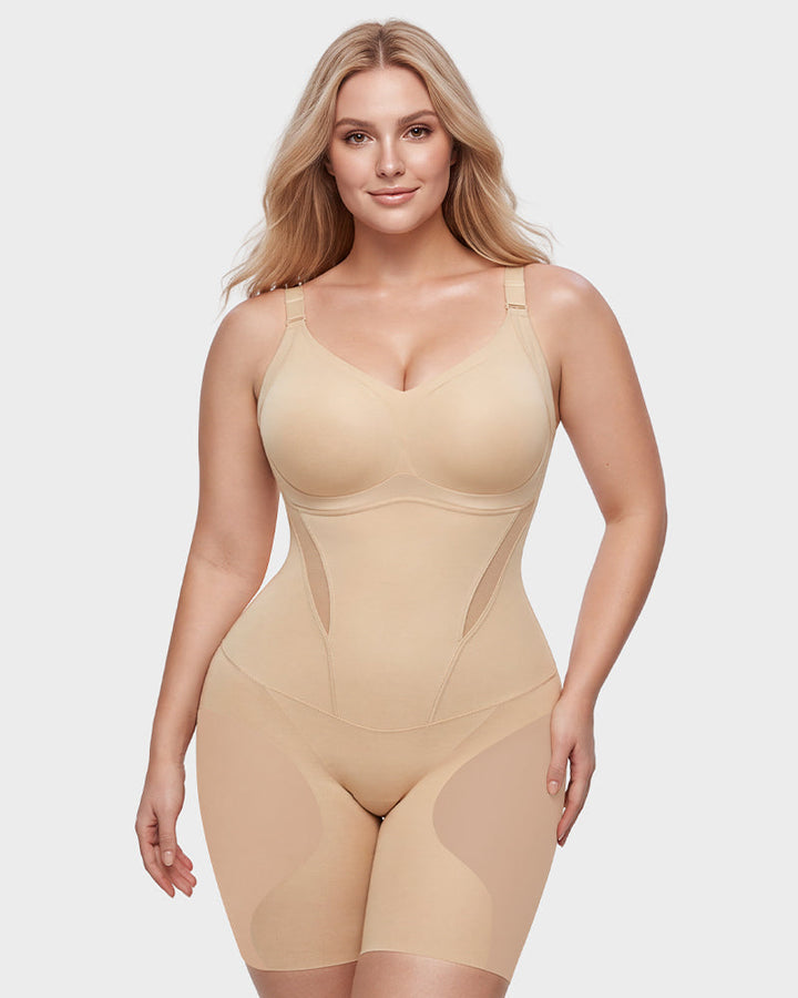 Womens tummy control shapewear flat lay on neutral background