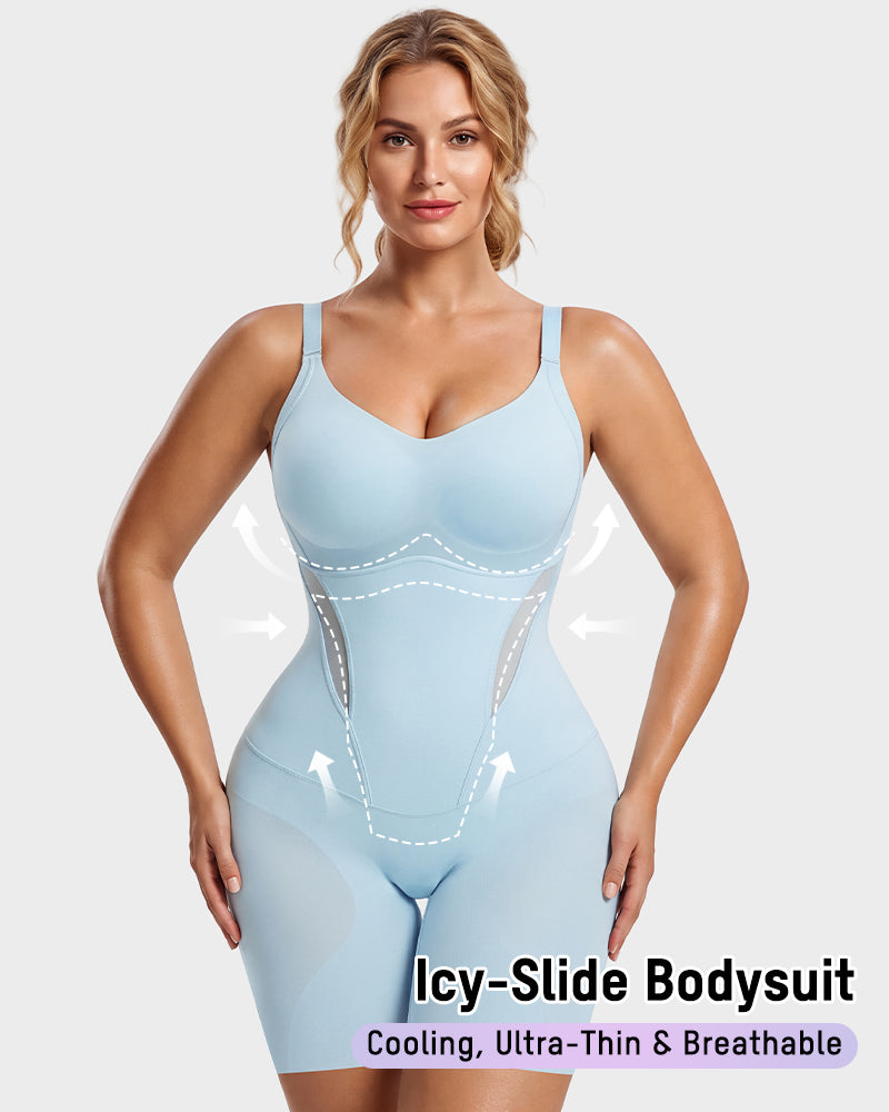 Front view of the icy-slide cooling shapewear bodysuit highlighting breathable panels