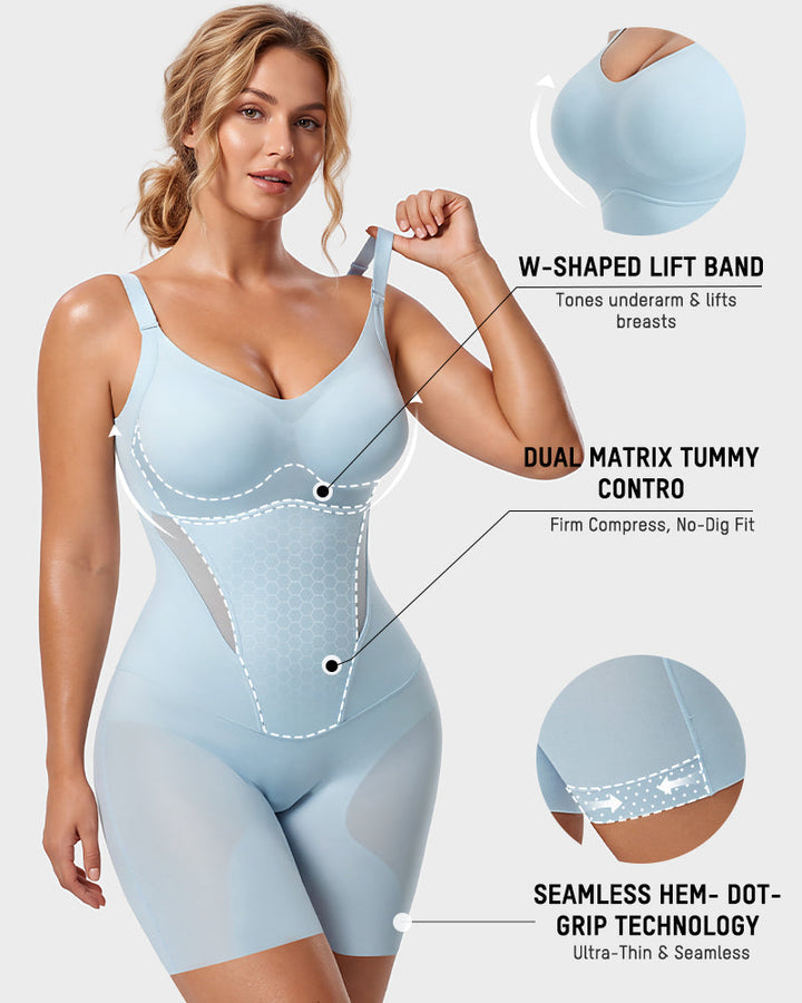 Detailed view of the bodysuit showing W-shaped lift band and dot-grip hems