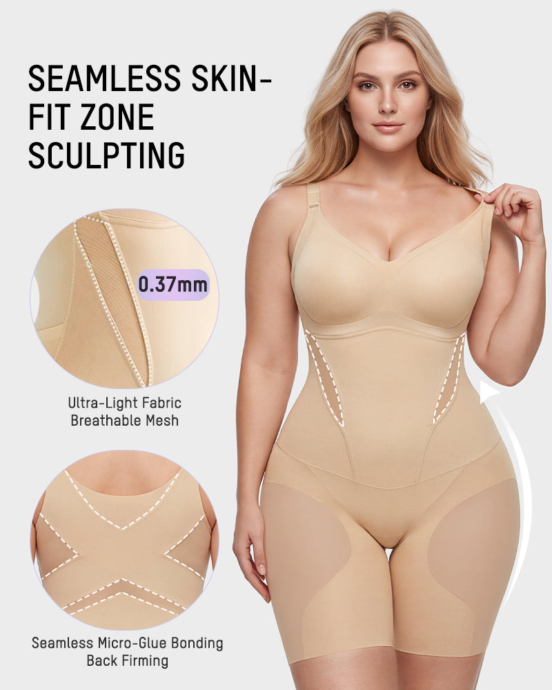 Black seamless shapewear bodysuit with tummy control and straps