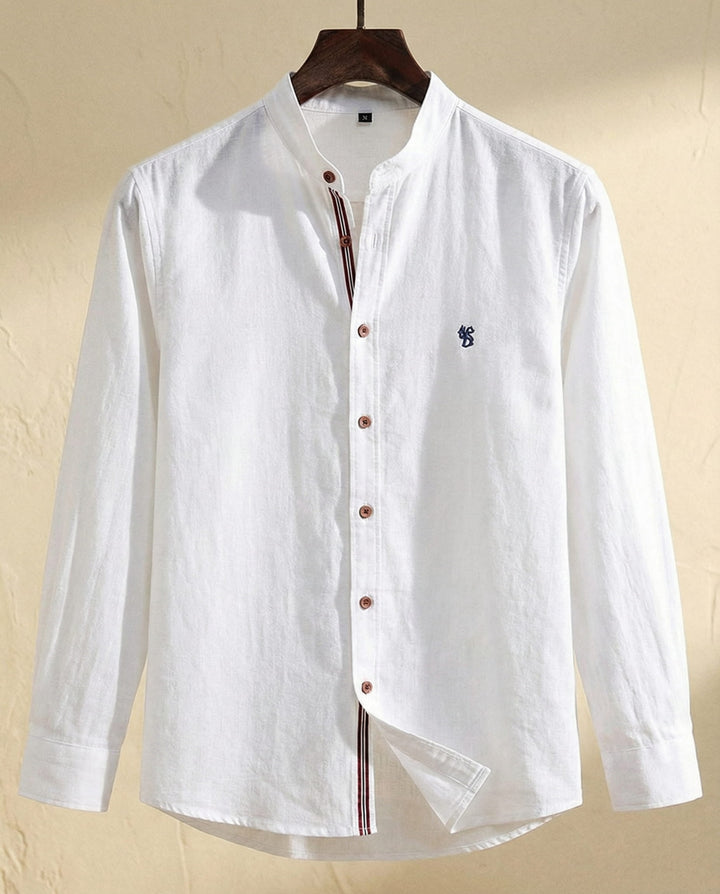 White long-sleeve button-down shirt front view on hanger