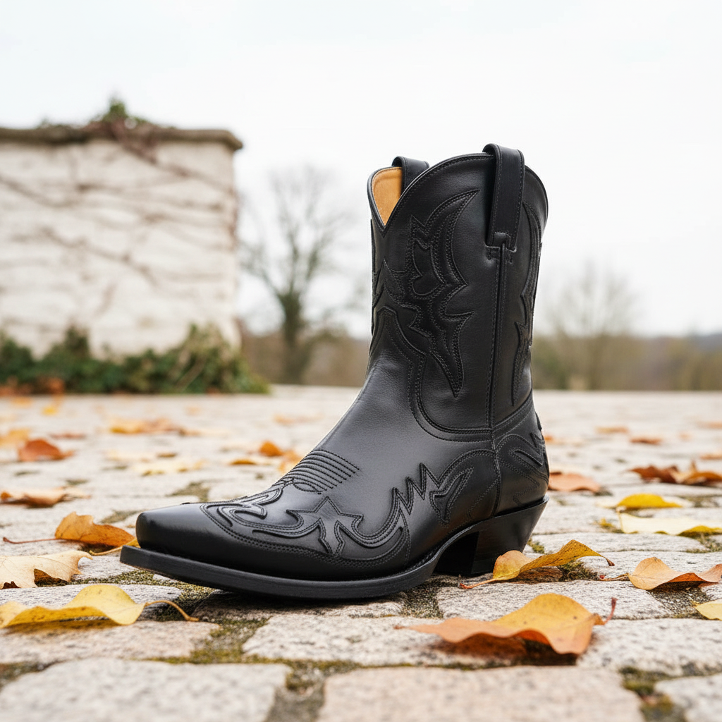 Black western cowboy boot resting on cobblestones among autumn leaves