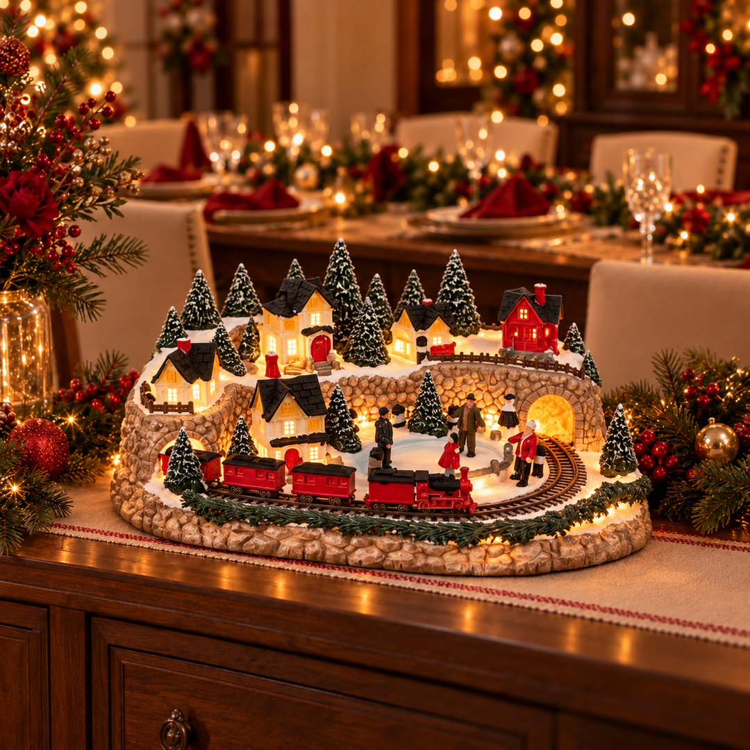 Lighted Christmas village centerpiece displayed on a festive dining table
