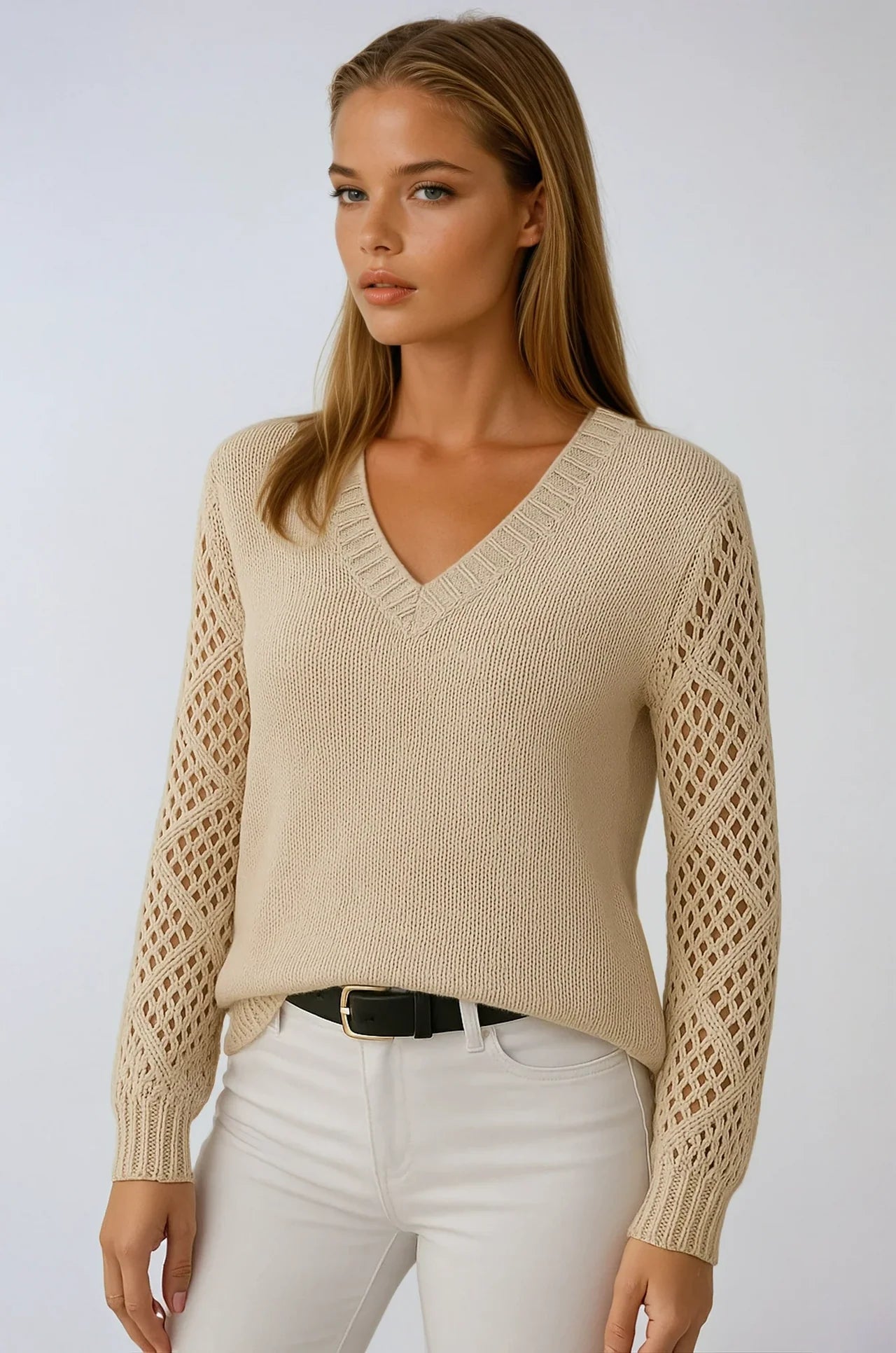 Kinslea | Women’s Crochet Sleeve V Neck Knit Sweater