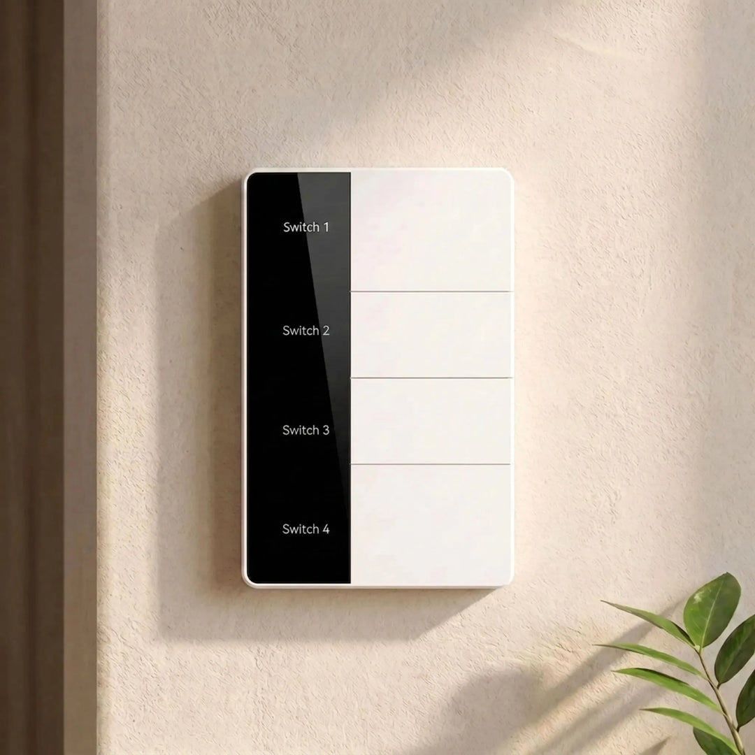 Customisable smart light switch mounted on a textured wall with plant shadows